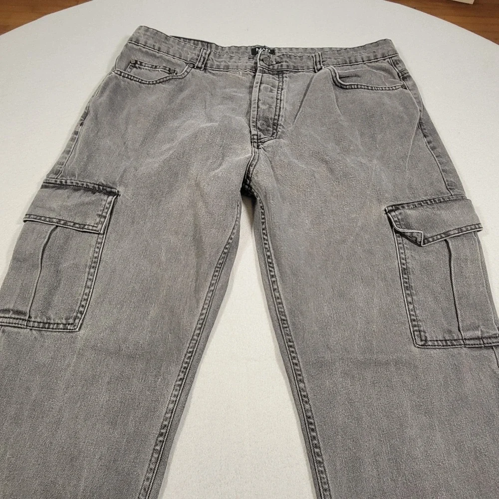 Boohoo MAN Jeans Gray Wash Denim Cargo Pant Mens Size 38 Button Fly Straight Leg